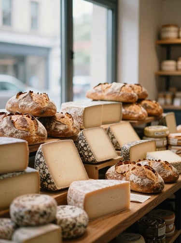 A modern specialty food market interior with neatly arranged artisanal cheeses and fresh sourdough loaves, soft natural window light