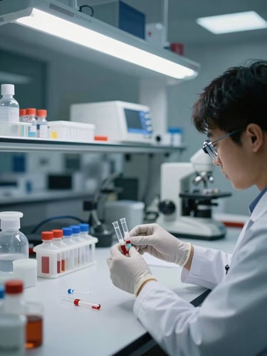 Wide laboratory bench shot, technician's gloved hands handling sample tubes under cool overhead fluorescent light, analytical instruments and reagent racks visible in background, documentary framing, no studio setup