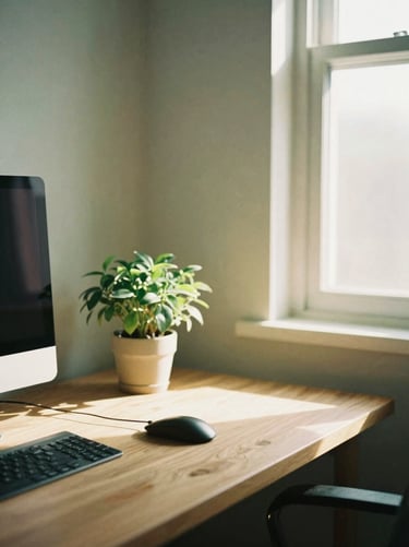 A warm environmental shot of a quiet, lived-in workspace with a wooden desk, a small green plant, and soft late afternoon light streaming through a window, muted sage tones, 35mm film texture.