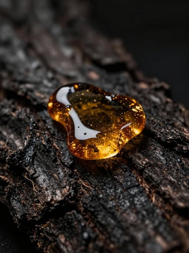Close-up of golden amber resin melting on textured dark bark, moody chiaroscuro lighting, luxurious and warm