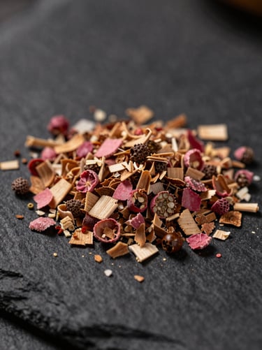 Extreme close-up of crushed pink pepper and raw wood chips on a dark stone surface, soft moody lighting, shallow depth of field