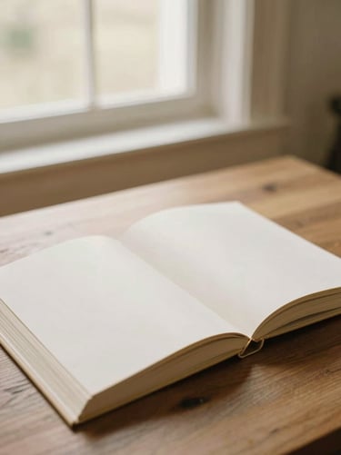 Minimalist elegant photograph of a luxurious open wedding album on a wooden table, soft natural light, warm cream tones.