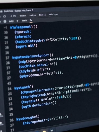 A close-up high-contrast view of a dark IDE screen displaying clean, structured TypeScript code with electric blue syntax highlighting, shallow depth of field.