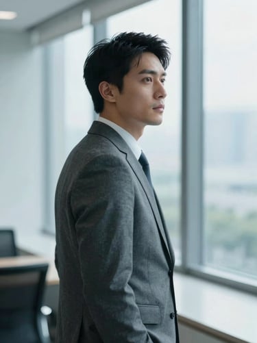 Candid profile of a male executive in a slate gray suit looking thoughtfully past the camera, bright natural window light, cool office interior, 35mm.