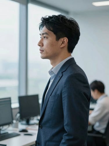 Candid profile of a male advisor in a collaborative technical workspace, cool blue lighting, natural window light, 35mm.