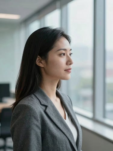 Candid profile of a female executive in a modern workspace, slate gray tones, natural window light, shallow depth of field, 35mm.