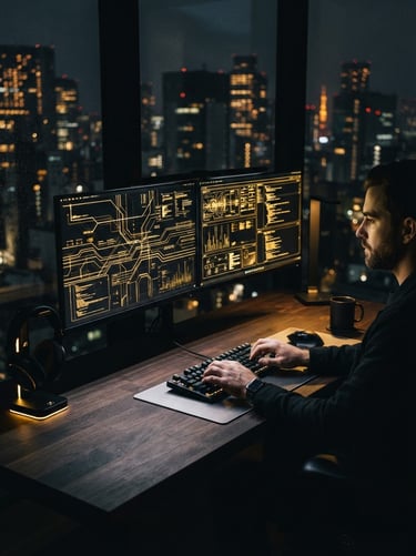 Sleek dark-mode workspace, glowing golden lines on dual monitors, high-contrast tech-noir aesthetic, premium editorial, 35mm