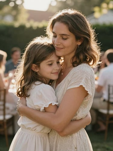 A warm, sun-drenched embrace between a mother and daughter at a backyard celebration. The lighting creates a soft halo effect, emphasizing the authentic emotional connection and cinematic lifestyle aesthetic.