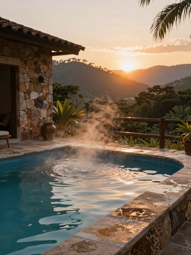 Boutique eco-resort swimming pool in Bananeiras, heated water steaming in the cool mountain air, stone walls, sunset.