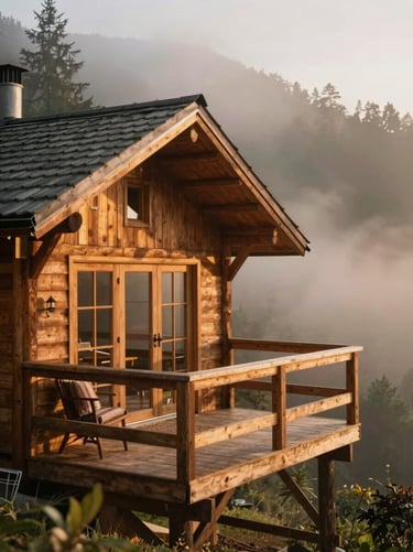 Cozy wooden mountain chalet in Bananeiras with a private deck, wooden textures, misty forest background, warm golden hour light.