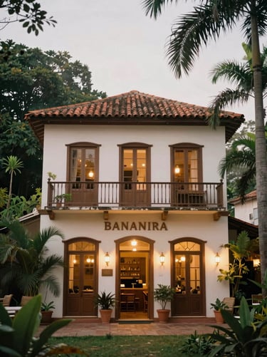Charming boutique hotel facade in Bananeiras, colonial architecture, warm evening lights, surrounding lush green gardens, 35mm film.