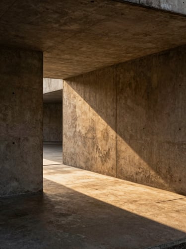 Low-angle shot of a raw concrete pavilion in São Paulo, warm amber light slicing through a narrow slit, dramatic shadows.