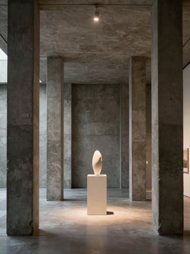 An art gallery interior with towering concrete columns, a single warm spotlight illuminating a minimalist sculpture.