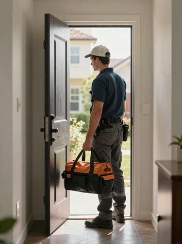 Technician at a front door of a residential home carrying a tool bag, afternoon daylight, viewed from inside the hallway