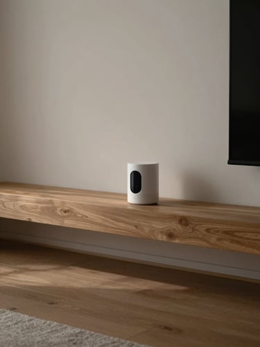 Wide architectural composition of a softly lit minimalist living space, an unobtrusive ambient sensor resting quietly on a wooden shelf in the background.