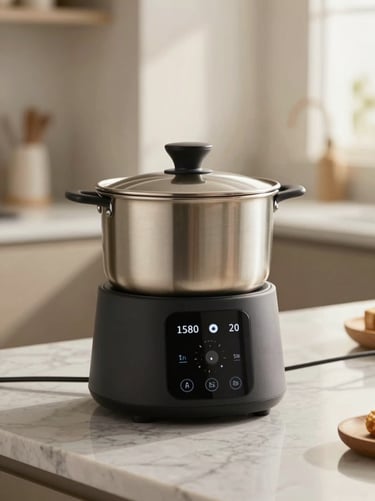 Macro shot of a smart temperature-controlled culinary vessel on a marble countertop, warm morning light, minimalist kitchen background.