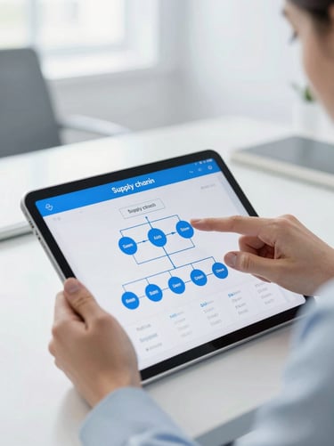 Close-up of a professional analyzing pharmaceutical supply chain data on a tablet screen, clean modern office background, soft daylight