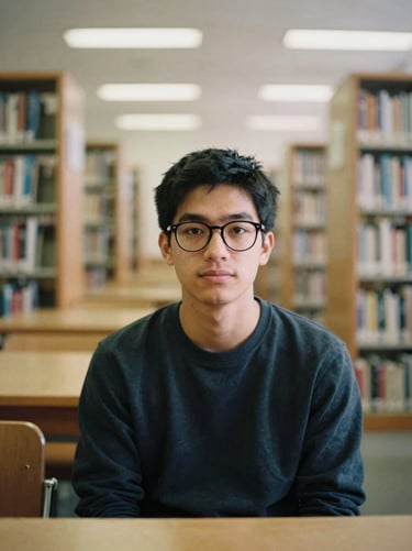 Candid portrait of a young man with glasses sitting in a library, warm ambient light, 35mm film grain