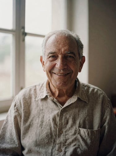 Candid portrait of an elder pastor with a warm smile, wearing a simple linen shirt, natural window light, 35mm film grain