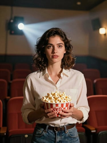 Warm cinematic portrait of a female founder in a vintage cinema lobby, soft projector beam lighting, holding a small bowl of gourmet popcorn, 35mm film look.