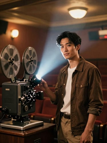 Warm cinematic portrait of a male founder in a vintage cinema lobby, soft projector beam lighting, next to a classic film projector, rich nostalgic tones.