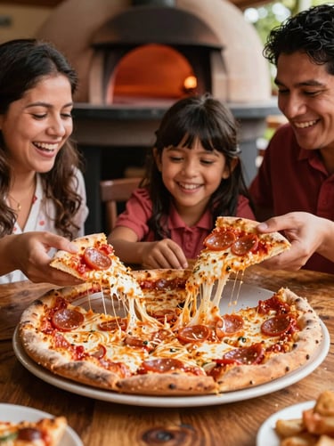 A happy Mexican family sharing a large deep-dish pizza at a rustic wooden table, laughing, cheese stretching between slices, warm afternoon light