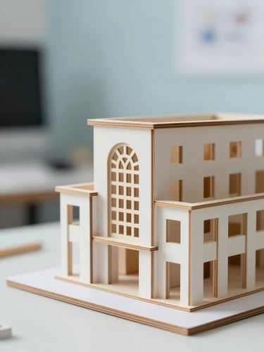 A close-up of an intricate architectural scale model made of light wood and white card. The background is a blurred design studio in #FBF9F6. Precise and confident focus on detail.