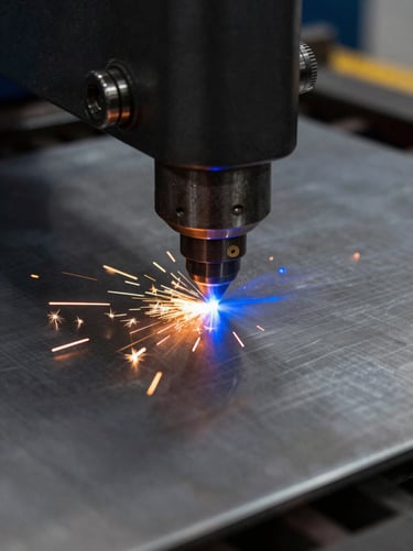 Extreme close-up of a fiber laser cutting head emitting bright blue arcs and safety orange sparks on a stainless steel sheet, industrial workshop, 35mm