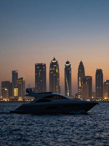 A sleek yacht silhouette cutting through deep blue water under a starry twilight sky, Dubai skyline glowing softly in the background.