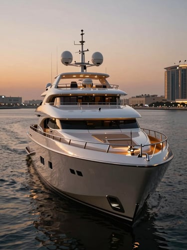 Sleek portrait shot of a 164-foot superyacht Sovereign at twilight, illuminated cabins, teak deck details, Dubai Marina background