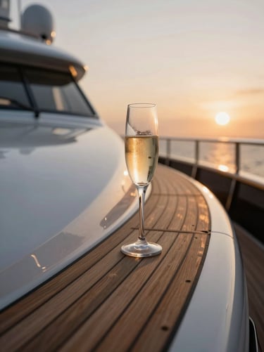 Teak deck of a luxury yacht at golden hour, champagne glasses reflecting the low sun, warm twilight lighting, vertical crop.