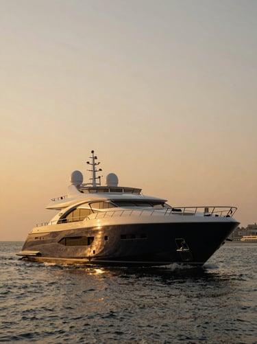 Portrait shot of a 140-foot luxury yacht Aura of Dubai cruising near Palm Jumeirah at golden hour, warm low-key lighting