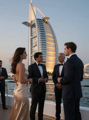 Sophisticated guests in evening wear conversing on a yacht flybridge, Burj Al Arab softly lit in the background, twilight.