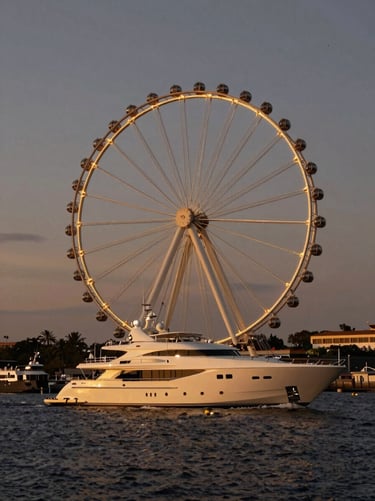 Wide environmental shot of a superyacht cruising near Bluewaters Island, the giant observation wheel glowing with warm gold lights against a dark evening sky.