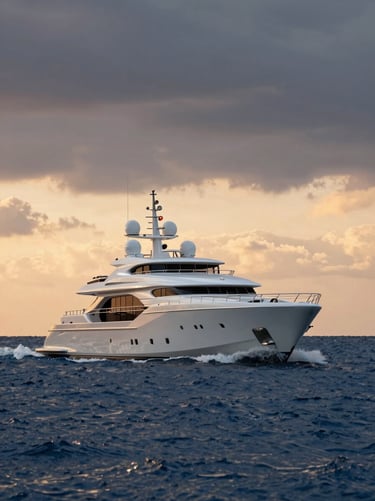 Portrait shot of a 110-foot superyacht Oceanic Prestige cutting through deep blue water at sunset, dramatic sky