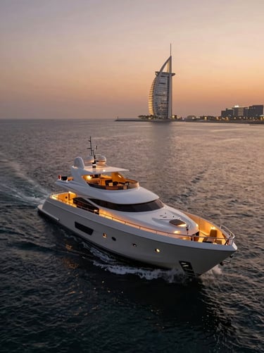 Drone shot of a premium luxury superyacht illuminated with warm lights at dusk, cruising near the Palm Jumeirah.