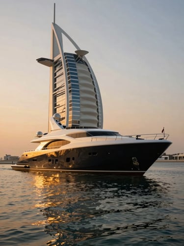 Portrait of an 85-foot luxury yacht Gilded Wave anchored near Burj Al Arab at sunset, warm champagne reflections on the water