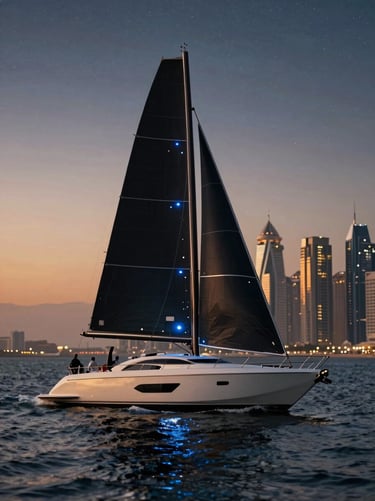 Sleek yacht sailing under a starry night sky, illuminated by soft blue underwater lights, Dubai Marina skyline in the distance, vertical crop.