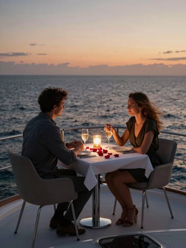 A private table set for two on the bow of a yacht, rose petals, twilight lighting, ocean horizon, vertical crop.
