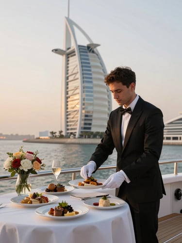 Gourmet catering and floral arrangements on a luxury yacht deck, white-glove service, Burj Al Arab in the background, vertical crop.