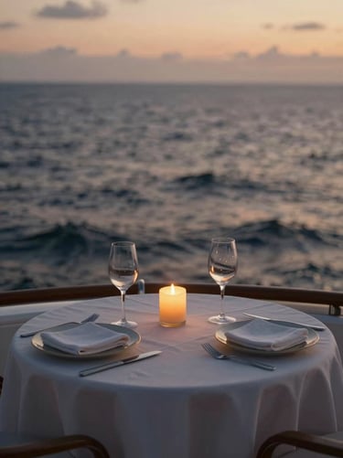 Intimate table setting for two on a yacht deck, single candle, warm low-key lighting, soft ocean waves in the background.