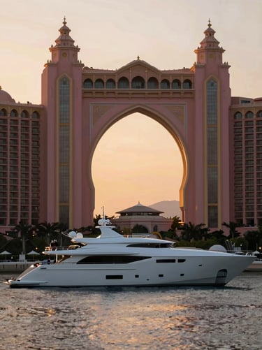 Sleek superyacht silhouette framed against the majestic pink-gold facade of Atlantis resort at sunset, warm hazy lighting.