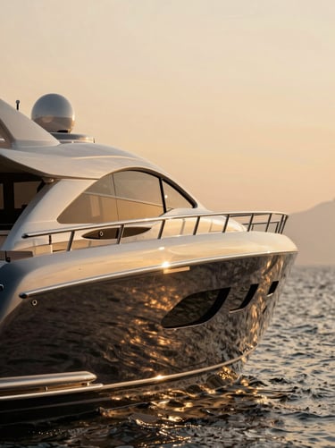 Sleek 95-foot yacht Solstice at golden hour, sun glinting off the polished steel and dark hull, shallow depth of field