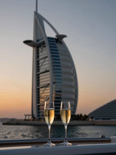 Cinematic side view of a luxury yacht deck with champagne glasses, the iconic sail silhouette of Burj Al Arab in the soft twilight background.