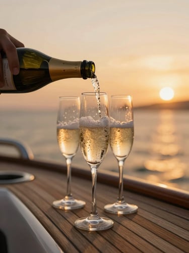 Close-up of champagne being poured into crystal flutes on a teak yacht deck at sunset, warm golden light, shallow depth of field.