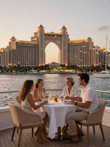 An elegant family enjoying private dining on a spacious yacht deck, soft warm lighting, iconic Atlantis resort visible in the distance.