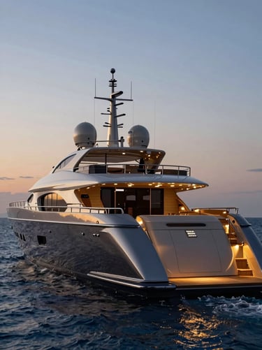 Intimate portrait of a 120-foot superyacht Midnight Serenade at twilight, warm ambient lighting on the aft deck, deep blue water