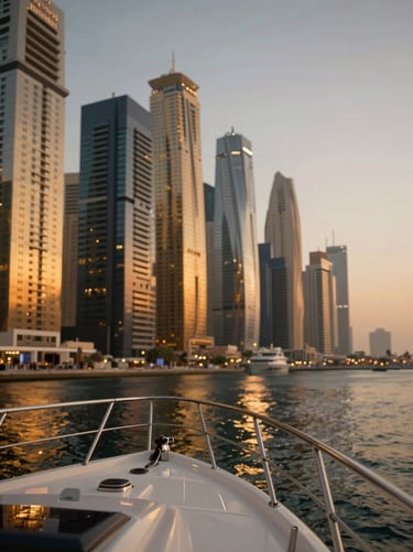 Close-up cinematic shot of a yacht bow gliding through the calm waters of Dubai Marina canal, towering skyscrapers illuminated in warm gold against a twilight sky.