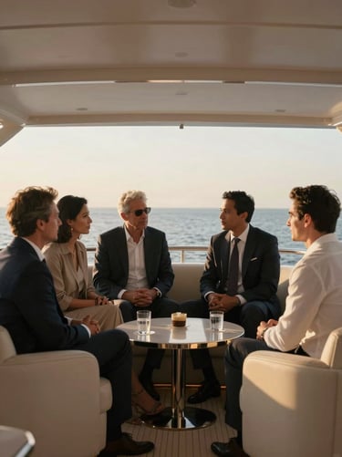 Business executives networking on a spacious yacht lounge, modern minimalist interiors, soft daytime lighting, vertical crop.