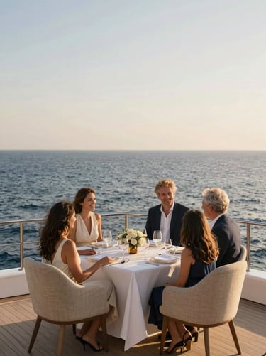 An elegant family dining on the sun deck of a superyacht, pristine ocean background, bright warm afternoon sun, vertical crop.